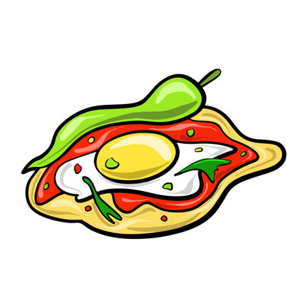 Vector Mexican traditional food Burrito with eggs and chili peppers drawn in a flat cartoon style.のイラスト素材