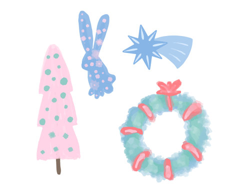 Set of Christmas and New Year elements with animals and Santa. Vector illustration.のイラスト素材