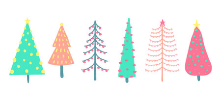 Christmas trees vector border. Seamless pattern hand drawn doodle trees green red. Decorative Winter holiday sketch design for ribbons, card decoration, scrapbooking, bannersのイラスト素材