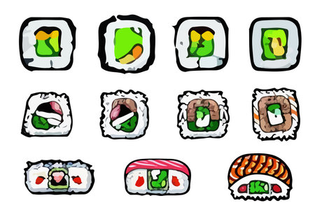 Vector Sushi set. Rolls, gunkan, temaki and inari. Great set of various different types of sushi isolated on white background.のイラスト素材