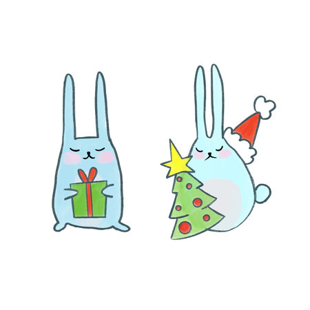 Happy New Year 2023, group of cute white funny rabbit heads set, bunny character collection, cute wildlife animal cartoon drawing vectorのイラスト素材