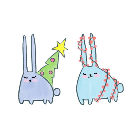 Happy New Year 2023, group of cute white funny rabbit heads set, bunny character collection, cute wildlife animal cartoon drawing vectorのイラスト素材