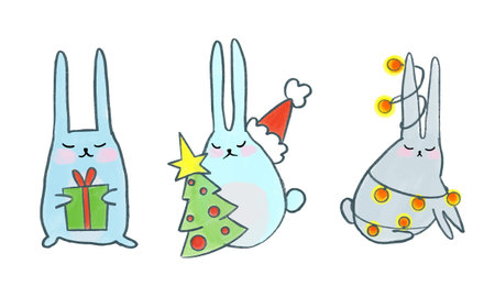Vector Cute Christmas bunnies. Bunny with Christmas tree gift and garland. Winter illustration.のイラスト素材