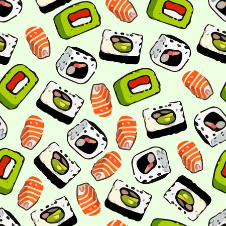 Vector Cute Sushi background seamless patternのイラスト素材