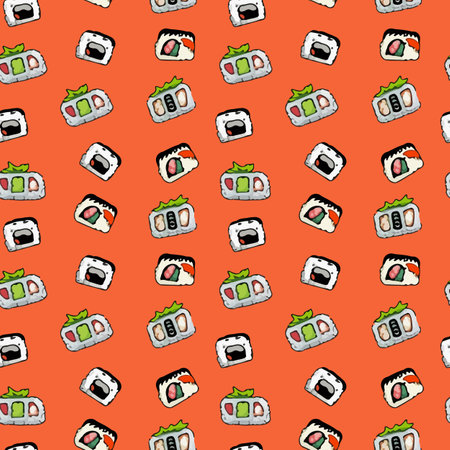 Seamless maki sushi illustration pattern, orenge backgroundのイラスト素材