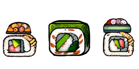 Japanese food. Rolls. Sea food. Isolated vector object on white background. Cartoon print.のイラスト素材
