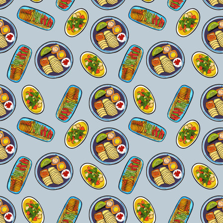 Cartoon cute hand drawn Italian food seamless pattern. Colorful with lots of objects background. Endless funny vector illustrationのイラスト素材