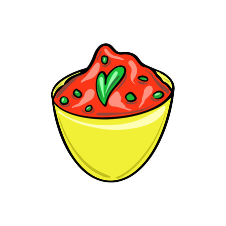 Salsa tomato ketchup in bowl isolated icon. Vector plate with tomato hot chili spicy snack. Sauce-boat portion, bbq catchup. Food condiment sour sweet sauce on plateのイラスト素材