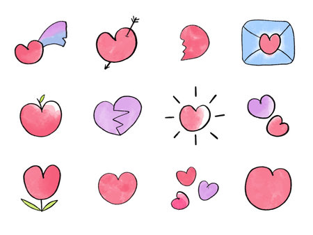Vector set Valentine day hand drawn artistic watercolor painting. Heart shape. Good for Lovers day congratulation card.のイラスト素材
