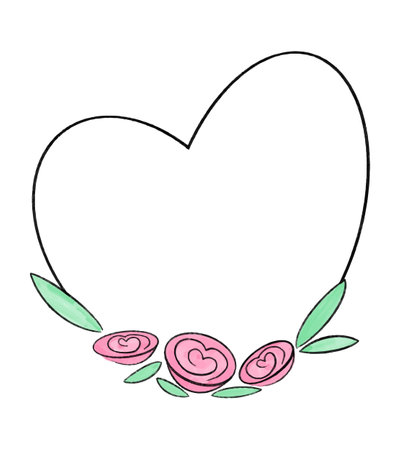 Heart shaped vector frame decorated with roses and peonies hand drawn watercolor.のイラスト素材