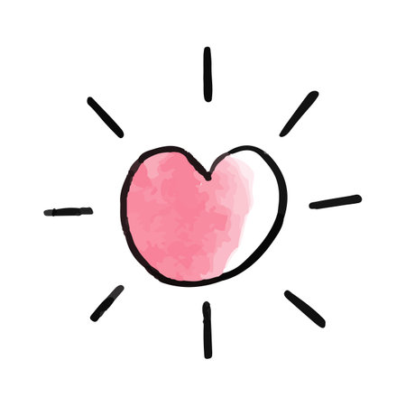 Vector Cute pink hand drawn watercolor heart with sun rays.のイラスト素材
