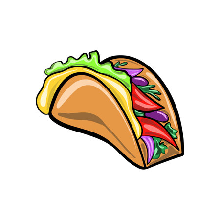 Vector illustration Mexican taco carne asada with fresh salsa in cute cartoon style. Traditional Mexican dish.のイラスト素材