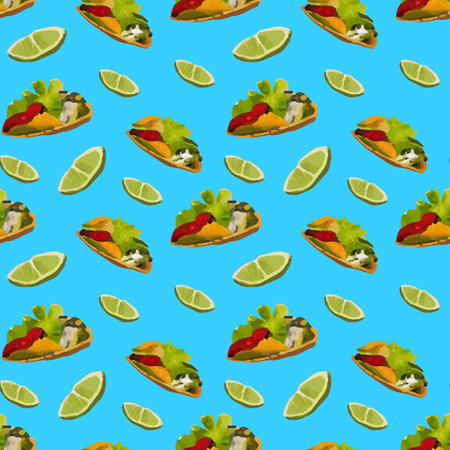 Mexican food seamless pattern fresh chili nachos vector illustration. Traditional mexico culture spicy burrito background. Tasty latin meal lunch wallpaper cooking cuisine.のイラスト素材