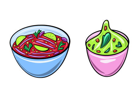 Mexican cuisine vector illustration. Chili soup and guacamole sauce. Illustration in flat cartoon style.のイラスト素材