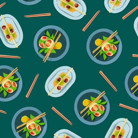 Vector Noodles seamless pattern Asian food on green background. Vector illustration, flat, line art style, creative designのイラスト素材