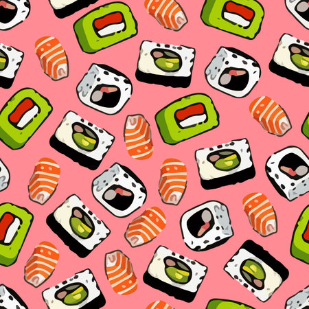 Vector seamless sushi pattern on a salmon background.のイラスト素材