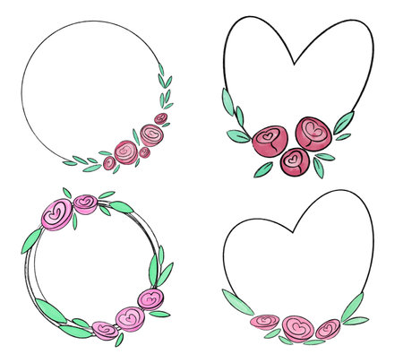 Collection of vector frames in the shape of a heart and watercolor roses and peonies. Illustrations for love and valentines day.のイラスト素材