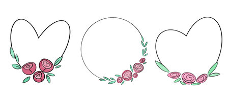 Collection of vector frames in the shape of a heart and watercolor roses and peonies. Illustrations for love and valentines day.のイラスト素材