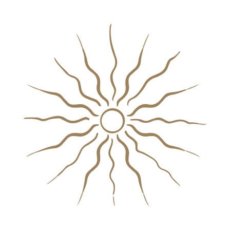 Vector Abstract golden hand drawn sun in boho style. Celestial body, isoteric star, zodiac signs.のイラスト素材