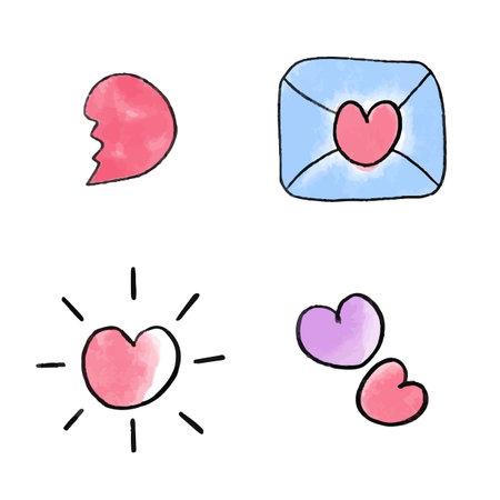 Cute collection of kawaii watercolor hearts. Illustration on the theme of love for Valentines day.のイラスト素材