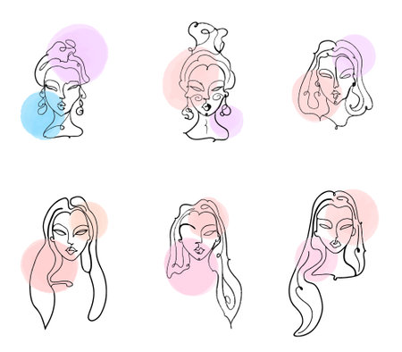 Set of Simple, minimalist vector illustration of beautiful woman face. Line drawing With watercolor stains.のイラスト素材