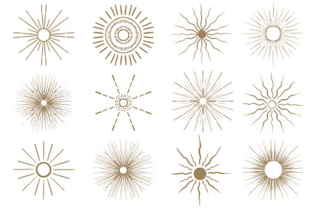 Abstract collection golden sun hand drawn in boho style. Celestial body, isoteric star, zodiac signs.のイラスト素材