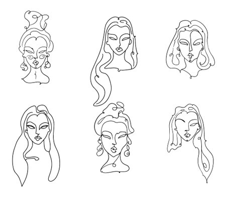 Set of portraits. Simple, minimalist vector illustration of beautiful woman face. Line drawing.のイラスト素材
