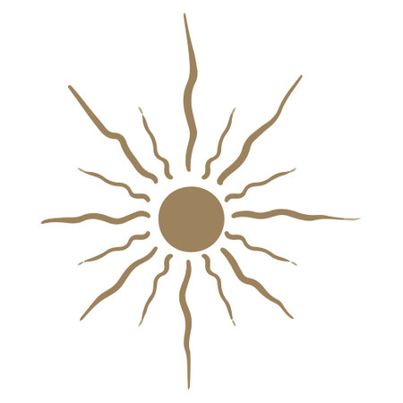 Vector Abstract golden hand drawn sun in boho style. Celestial body, isoteric star, zodiac signs.のイラスト素材