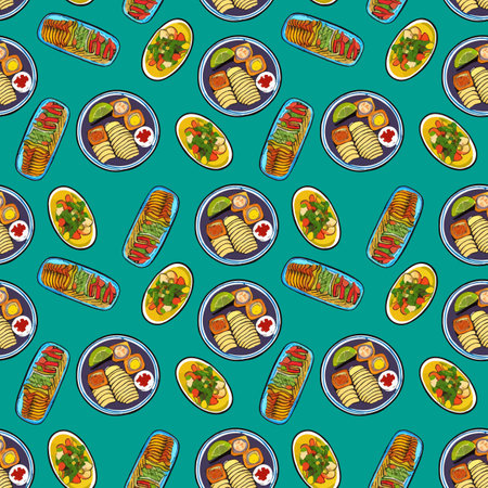 Vector Cute seamless pattern with mexican food in cartoon style.のイラスト素材