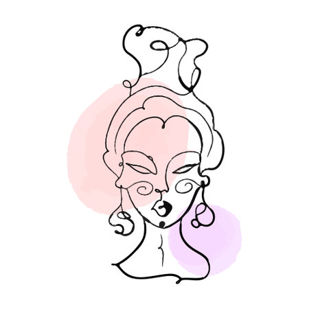 Simple, minimalist vector illustration of beautiful woman face. Line drawing With watercolor stains.のイラスト素材