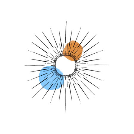 Vector illustration of abstract sun hand drawn in black line. Colored spots of watercolor paint.のイラスト素材