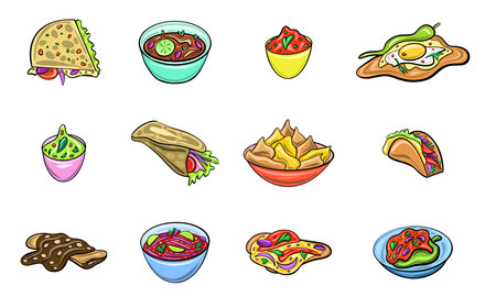 Vector set of Mexican dishes in a cartoon flat style. Latin American culture.のイラスト素材