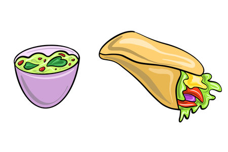 Vector set of Mexican dishes in a cartoon flat style. Latin American culture. Burritos and glacomole.のイラスト素材