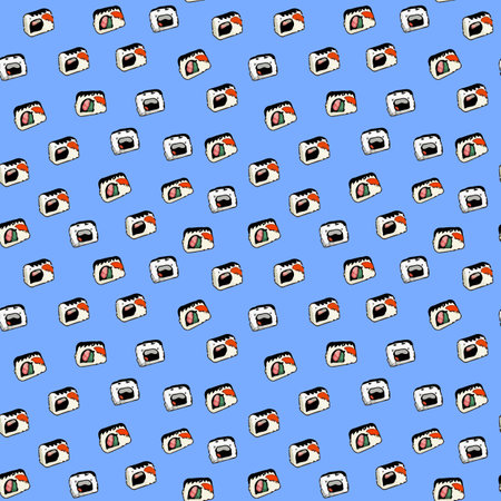 Vector Pattern with cute Japanese sushi in cartoon style.のイラスト素材