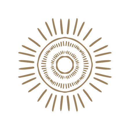 Vector golden sun in boho style. Abstract illustration of the sunrise hand-drawn in one line.. Celestial body, isoteric star, zodiac signs.のイラスト素材