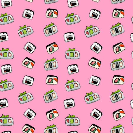 Vector pattern with cute Japanese sushi, shrimp and salmon in cartoon style.のイラスト素材
