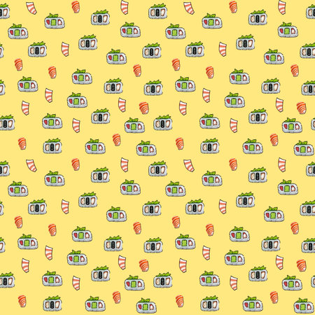 Vector pattern with cute Japanese sushi, shrimp and salmon in cartoon style.のイラスト素材