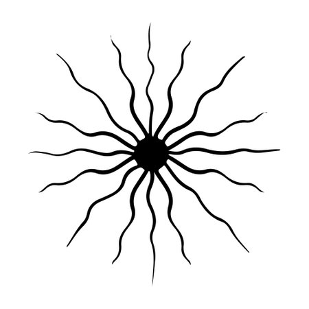 Vector black sun in boho style. Abstract illustration of the dawn drawn by hand with a single line. Esotericism.のイラスト素材