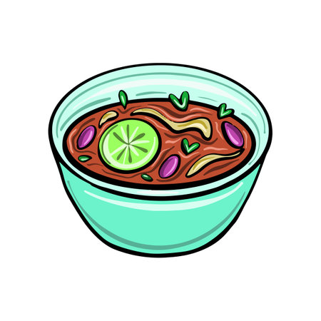 Vector Mexican enchilada in cute cartoon style. Traditional Mexican dish in a mint bowl.のイラスト素材