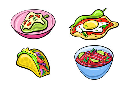 Vector set of Mexican dishes in a cartoon flat style. Latin American culture.のイラスト素材