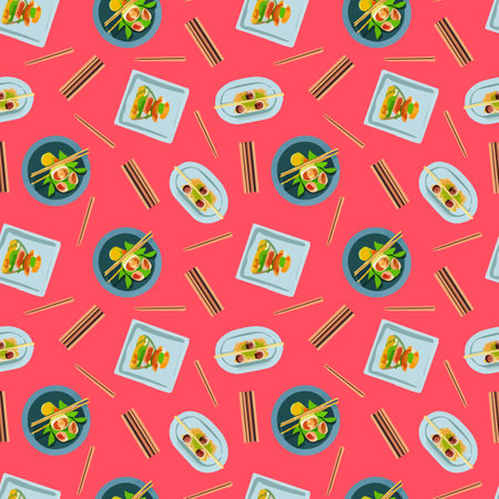 Vector pattern with Japanese food, ramen soup in cartoon style.のイラスト素材