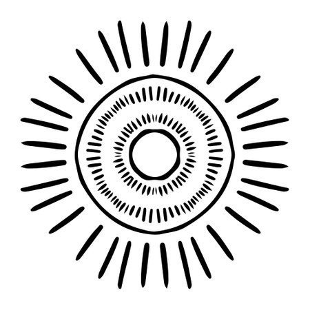 Vector black sun in boho style. Abstract illustration of the dawn drawn by hand with a single line. Esotericism.のイラスト素材