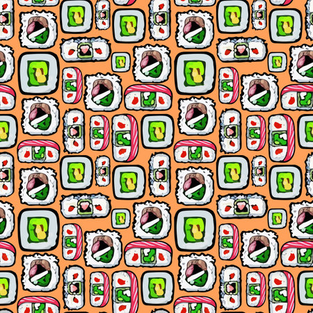 Vector Pattern with cute Japanese sushi in cartoon style.のイラスト素材
