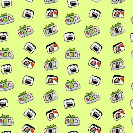 Vector Pattern with cute Japanese sushi in cartoon style.のイラスト素材