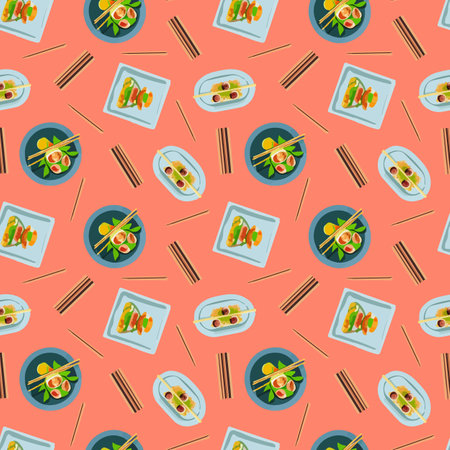 Vector pattern with Japanese food, ramen soup in cartoon style.のイラスト素材