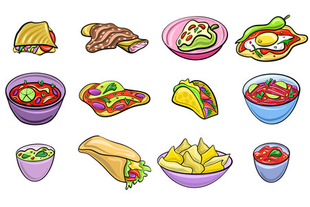 Vector set of Mexican dishes in a cartoon flat style.のイラスト素材