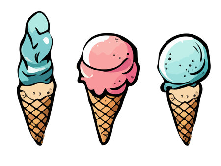 Set of Melting ice cream balls in the waffle cone isolated. Vector flat outline icon. Comic character in cartoon style illustration for t shirt designのイラスト素材