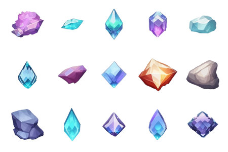 Crystal gems, vector gemstones and jewel icons. Isolated cartoon minerals, crystals and gemstones. Natural opal, emerald and diamond, ruby and topaz, quartz glassのイラスト素材