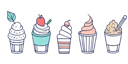 Set of ice cream parfaits. Hand drawn delicious ice cream. A cup of ice cream vector illustration separate layers can editable. Graphic for background, menu, poster, decoration. etc.のイラスト素材