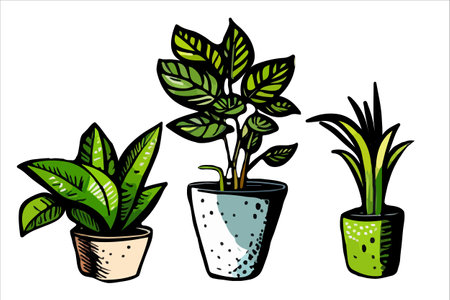 Home plants in flowerpot. Houseplants isolated. Trendy hugge style, urban jungle decor. Hand drawn. Set collection.のイラスト素材
